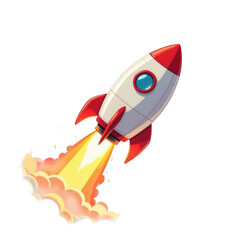 Retro rocket blasts off into space with fiery exhaust and bright red fins isolated on transparent background