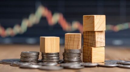 Stacked Wooden Blocks on Coins Representing Financial Growth and Investment Concepts in a Modern Business Environment