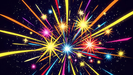 Energetic burst of luminous star shapes radiating on dark cosmic backdrop creating fantasy