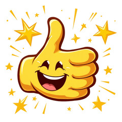 Excited yellow thumbs up emoji with stars and bursting effects for positive approval and celebration isolated on transparent background