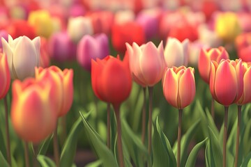 Vibrant tulip field in spring blooms with various colors and shapes