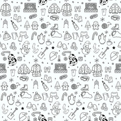 winter hand drawn doodle line art cozy lifestyle seamless pattern