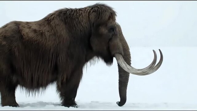 A large woolly mammoth with curved tusks standing in a snowy landscape with a gray sky.
