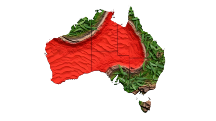 Textured map of Australia showing arid dry center and lush green coastal regions. isolated PNG with Transparent Background