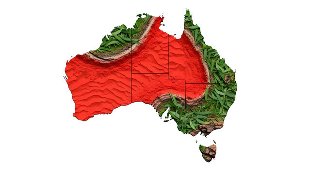 Australia map with red desert sand and green coastal foliage, 3D topographic Australian continent, environmental nature concept for travel and geography isolated PNG with Transparent Background