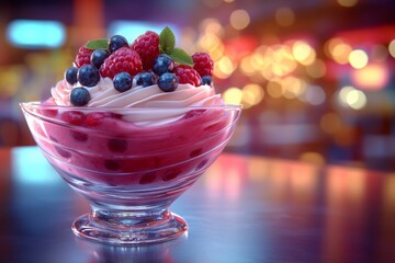Selective focus. Baby puree bowl with blueberry yogurt and mint
