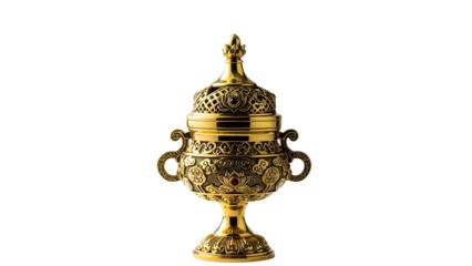 Ornate golden censer or thurible for religious rituals and traditional Christian ceremonies isolated PNG with Transparent Background