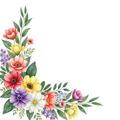 Vibrant floral corner arrangement with lush greenery and diverse blooms isolated on transparent background
