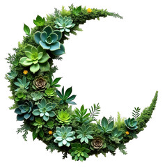 Crescent moon formed by lush succulent plants and greenery botanical art isolated on transparent background