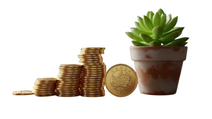 Gold coins stacking up next to a green plant symbolizing investment and financial growth. isolated PNG with Transparent Background
