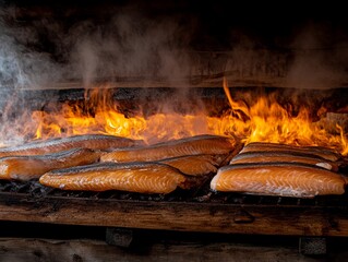 Selective focus. Processing smoked fish in a workshop