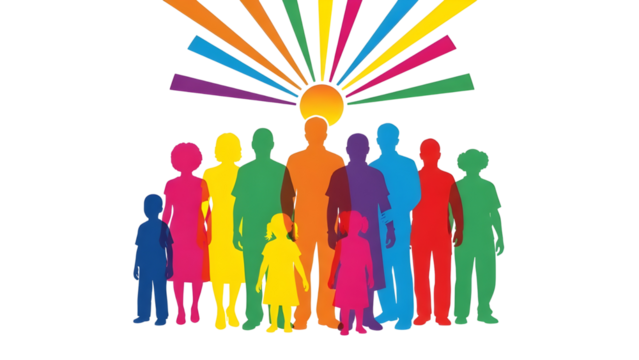 Diverse group of colorful people silhouettes representing community, inclusion, equality, and celebration isolated PNG with Transparent Background - Powered by Adobe