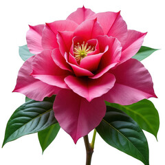 Close-up of a vibrant pink double petal rose flower with green leaves isolated on transparent background