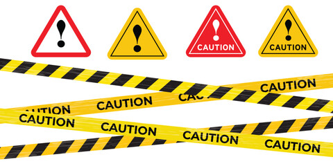 Caution tape set of yellow warning ribbons isolated on white background. Abstract warning lines for police, accident, under construction. Vector illustration of danger tape collection.