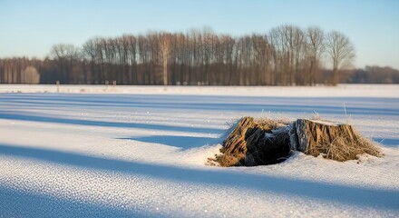Quiet winter landscape showing a tree stump in frosted snow with long shadows under a clear sky, representing the Groundhog Day prediction concept