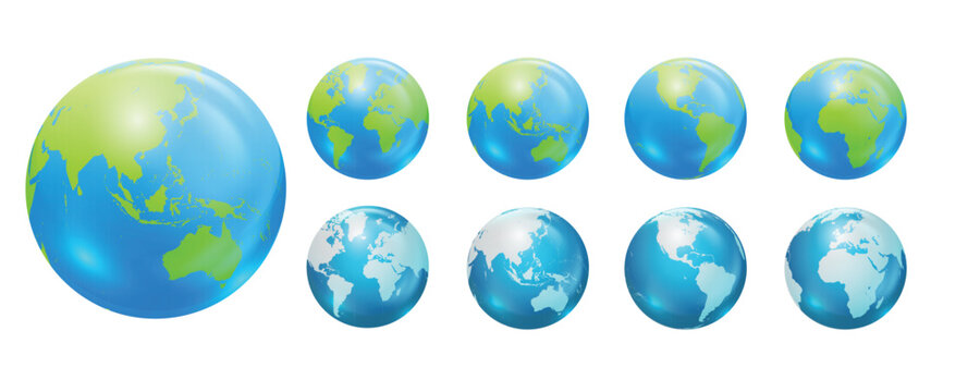 Globes showing earth with all continents. World map globe vector icons set
