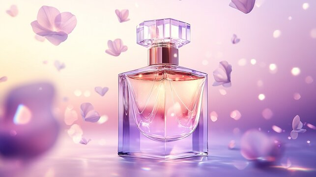 a bottle of perfume with a light purple liquid, surrounded by floating petals and hearts, set against an ethereal background, mysterious fragrance, valentine's day advertising or product branding.