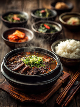 Steaming galbitang in a traditional setting with side dishes and rice