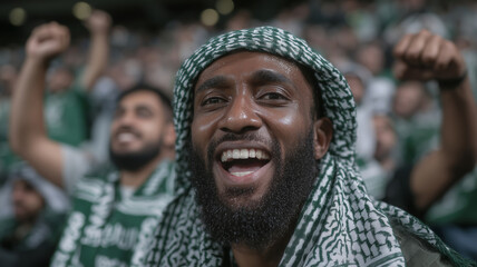 Saudi football fans joyfully celebrate victory during a lively match