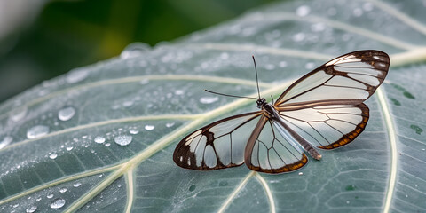 Glasswing Butterfly Resting On Leaf, Delicate Insect Wildlife