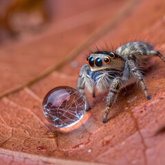 Jumping Spider Macro Detail With Water Droplet On Leaf