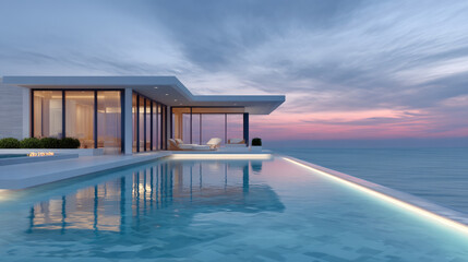 Modern luxury villa with infinity pool overlooking ocean, sunset sky reflecting on water, serene atmosphere, contemporary architecture