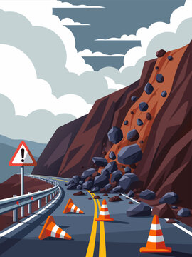 Vector illustration of a dangerous landslide blocking a road with traffic cones and warning signs