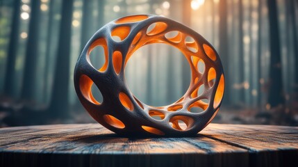 Abstract organic ring on wooden surface in a mystical forest