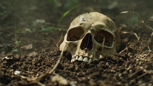 Cinematic close-up human skull rib bones partially buried dirt, dried grass, leaves debris, wind blowing dust, small insects crawling natural light beams, slow-motion, earthy tones, 4K HD, cinematic