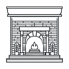 Fototapeta premium Outline drawing of a traditional fireplace with a burning flame and decorative potted plants, perfect for interior decor, home staging, or cozy environment graphic assets.