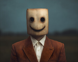 Person wearing a smiley-faced box mask in a suit.