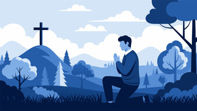 Hopeful Prayer and Faith Concept Vector Illustration of a Man Kneeling Before a Cross on a Hill
