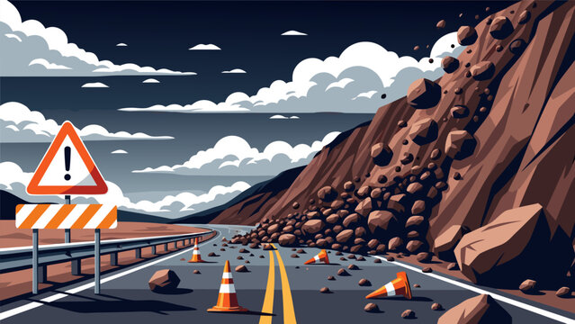 Vector illustration of a dangerous landslide blocking a road with warning signs and traffic cones, representing natural disaster and hazard