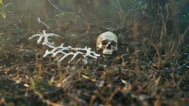 Cinematic close-up human skull rib bones partially buried dirt, dried grass, leaves debris, wind blowing dust, small insects crawling natural light beams, slow-motion, earthy tones, 4K HD, cinematic