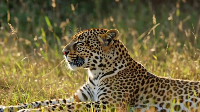 Close-up of a leopard yawning eyes closed sunlit grassy field, slow-motion, golden sunlight filtering grass bokeh background, cinematic wildlife footage, detailed whiskers teeth, natural environment