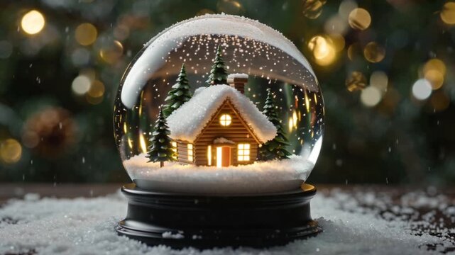 Snow globe snowy table, tiny house pine trees inside, snow transforming floating magical lights, bokeh lights blending snow, surreal cinematic transformation full-size magical cottage camera zoom 4k