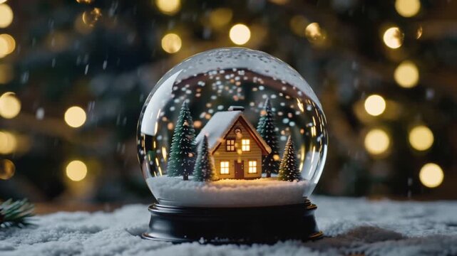 Snow globe snowy table, tiny house pine trees inside, snow transforming floating magical lights, bokeh lights blending snow, surreal cinematic transformation full-size magical cottage camera zoom 4k