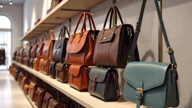 Display of various leather handbags and purses arranged on shelves in a store.