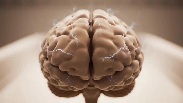 High-resolution image of a human brain with detailed texture and wrinkles on a blurred beige background.