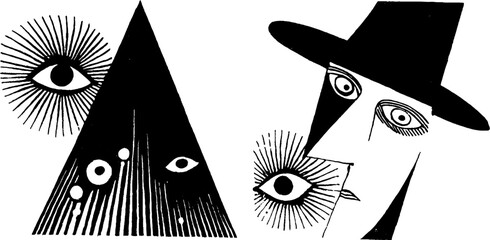 Abstract geometric art with eyes and hat motif