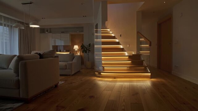 realistic 4K cinematic video modern finished basement living room, light hardwood floors, wooden stairs, white walls, minimalist furniture, green plants morning sunlight streaming small windows