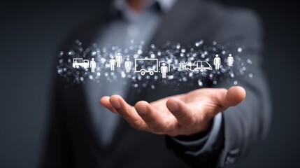 Businessman holding a holographic display of various business and technology icons.