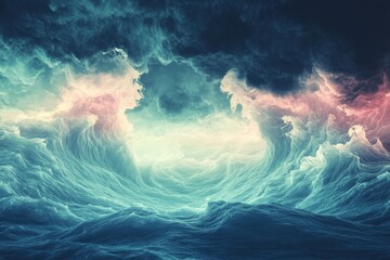 Powerful storm clouds and crashing waves create a dramatic ocean landscape