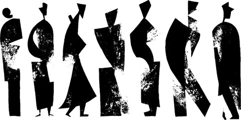 Abstract geometric silhouettes of diverse figures in black and white