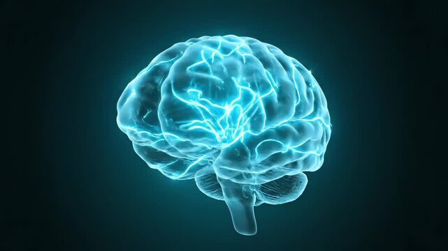 Glowing blue 3D illustration of a human brain against a dark background with a futuristic feel.