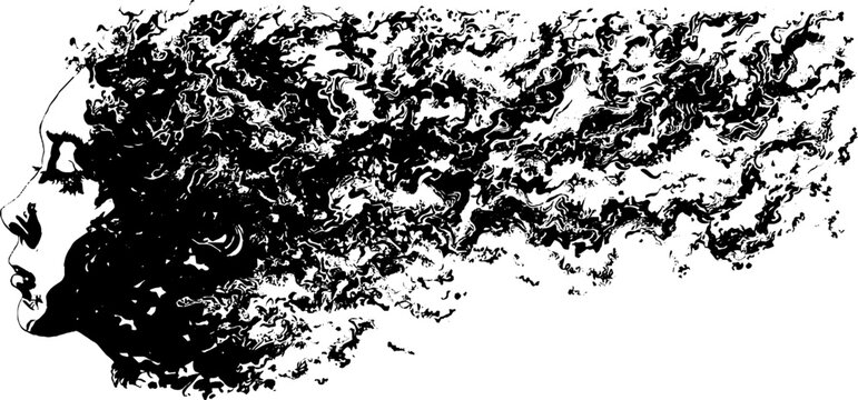 Abstract flowing hair design with female profile silhouette