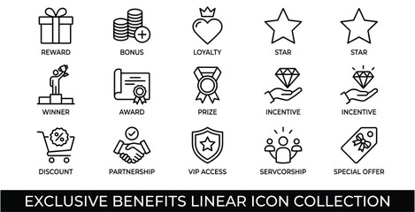 A collection of linear icons representing exclusive benefits, rewards, loyalty programs, discounts, and special offers for business and membership services.