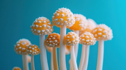 Cluster of vibrant yellow mushrooms with white dots
