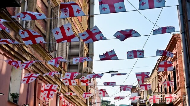 Georgian Flags Hanging Across Street in Tbilisi