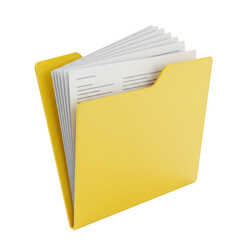 Bright yellow file folder packed with documents ready for organization or archiving isolated on transparent background